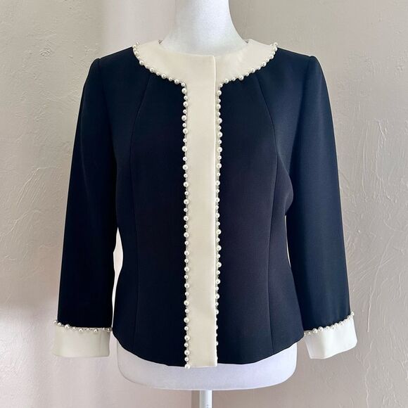 Tahari ASL Arthur S. Levine Pearl Embellished Black & Ivory Blazer Size 2 Petite - Picture 1 of 14